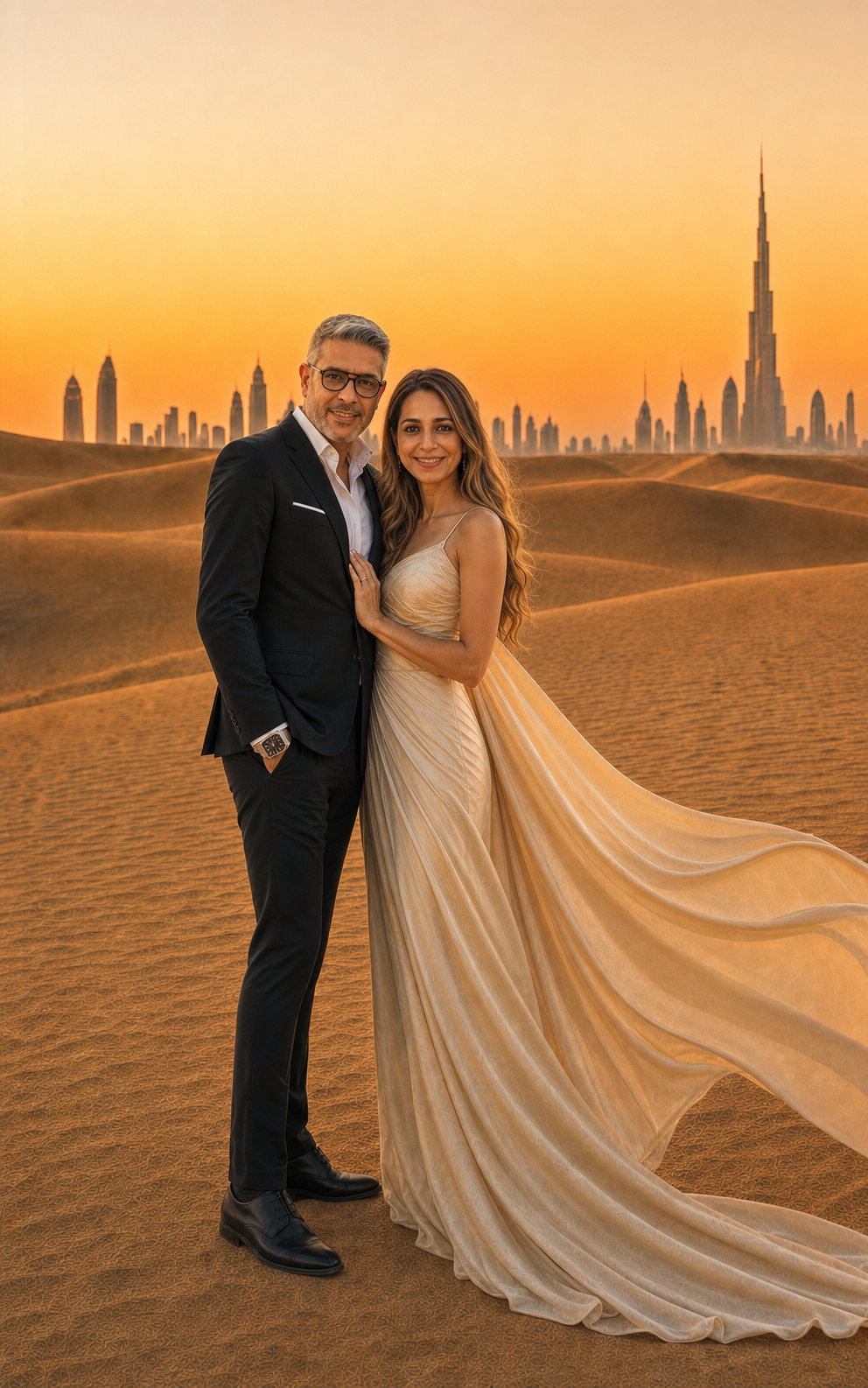 Rahim Haji and Nadia Hussain embracing in the Dubai desert at golden hour, the city skyline behind them