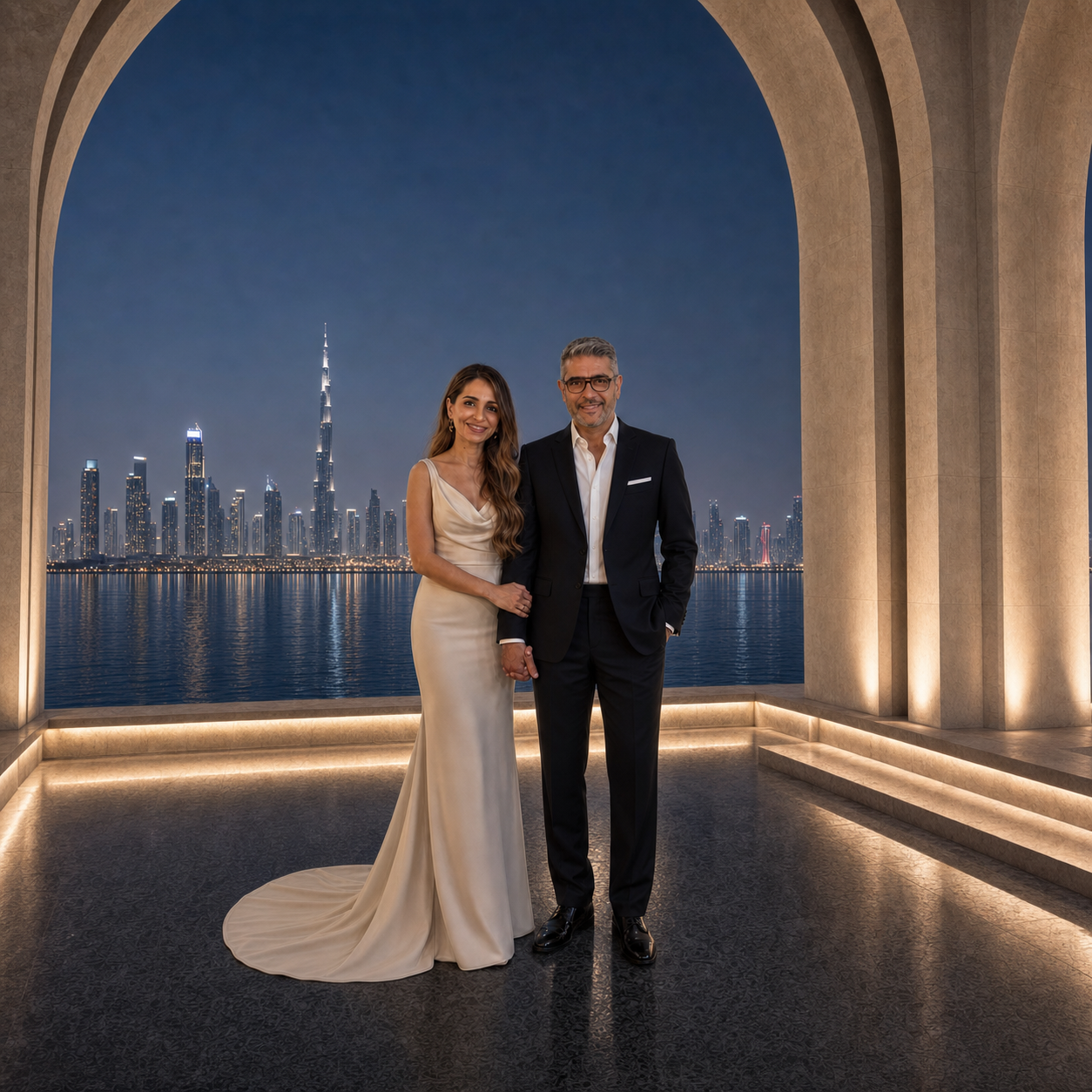 Rahim Haji and Nadia Hussain at the Dubai waterfront at night, the city skyline behind them